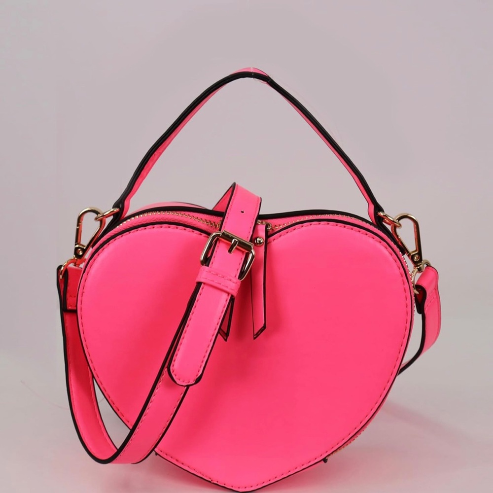 Pink Heart Shape Vegan Leather Purse Handbag Small Handle Satchel